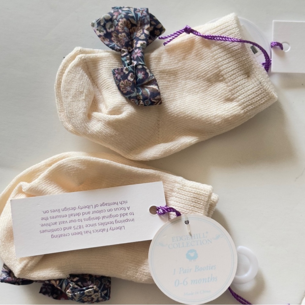 Baby Socks & Bow Set Liberty Fabric Cream Knit 0–6 Months Gift Set